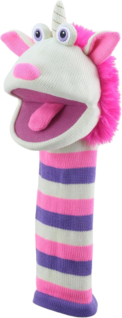The Puppet Company Twinkle ECO Sockette Hand Puppet - Eco-Friendly Unicorn Puppet with Sparkly Horn & Striped Design - Interactive Magical Toy for Kids & Adults - 38cm