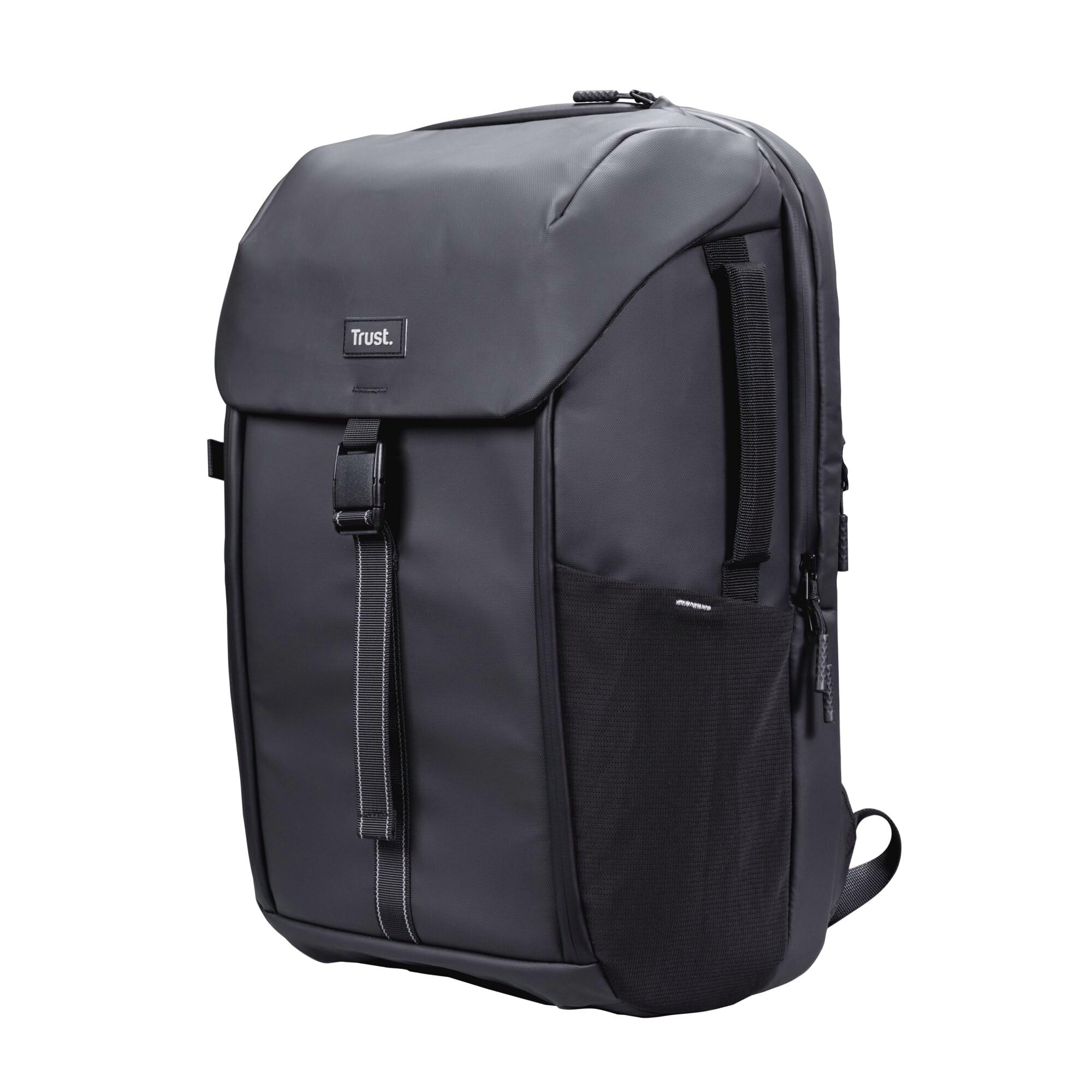 Trust Jersey Laptop Backpack 17 inch, Travel Bag 25L with Trolley Strap, Made from Recycled Plastic, Shockproof Business Work Bag, Waterproof Rucksack for Men Women College University, Black