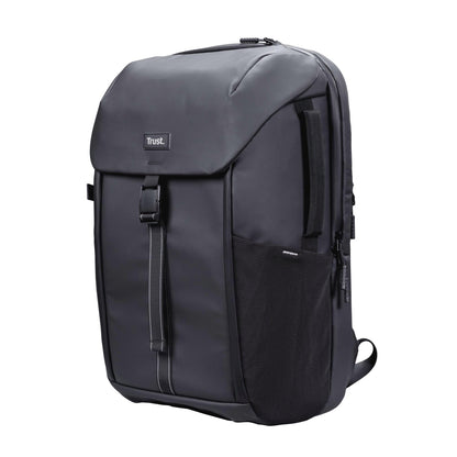 Trust Jersey Laptop Backpack 17 inch, Travel Bag 25L with Trolley Strap, Made from Recycled Plastic, Shockproof Business Work Bag, Waterproof Rucksack for Men Women College University, Black