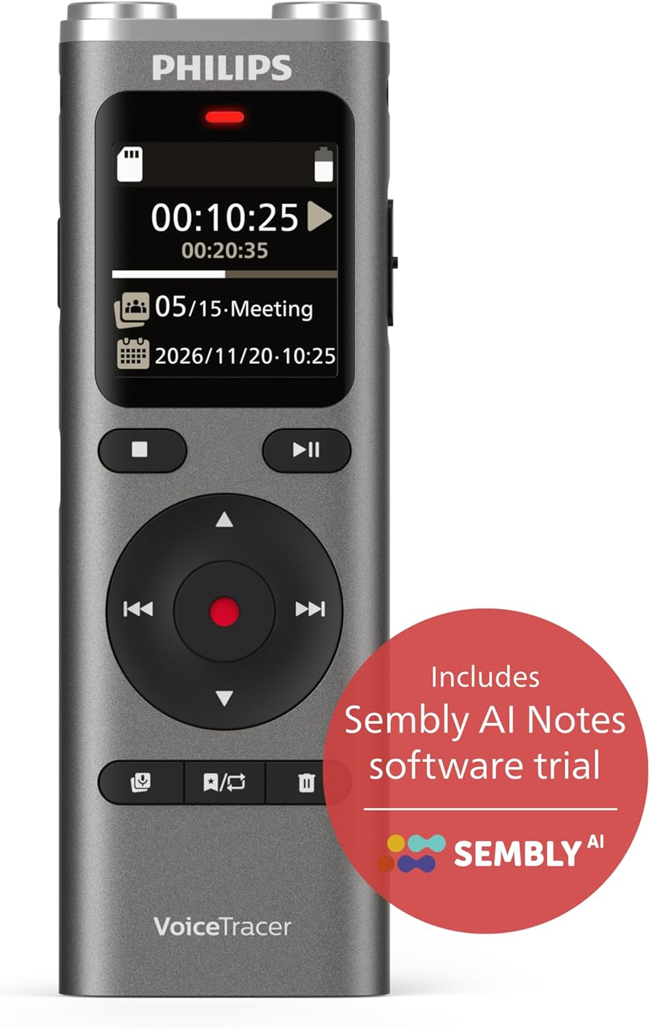 Philips DVT2075 VoiceTracer, Audio Recorder, MP3 and PCM, microphones, rich stereo sound. Sembly AI trial license: transcription, AI created summaries, AI powered meeting insights