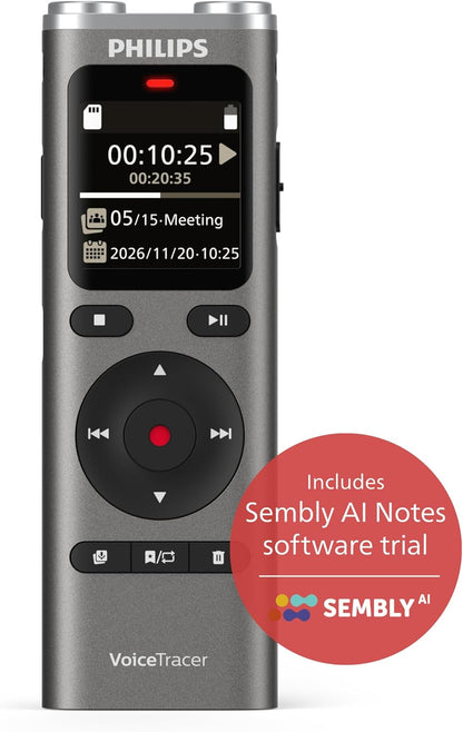 Philips DVT2075 VoiceTracer, Audio Recorder, MP3 and PCM, microphones, rich stereo sound. Sembly AI trial license: transcription, AI created summaries, AI powered meeting insights