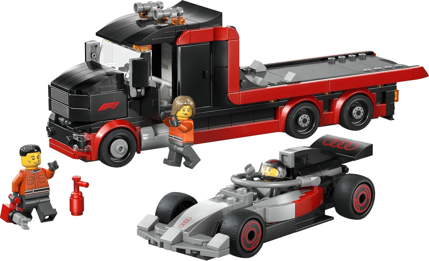 LEGO City F1 Display Truck w/Audi F1 Race Car Toy - Model Kit w/ 3 Minifigures & Vehicle Lifting Function - Gift Idea for 7+ Year Old Boys & Motorsport Fans - 60493
