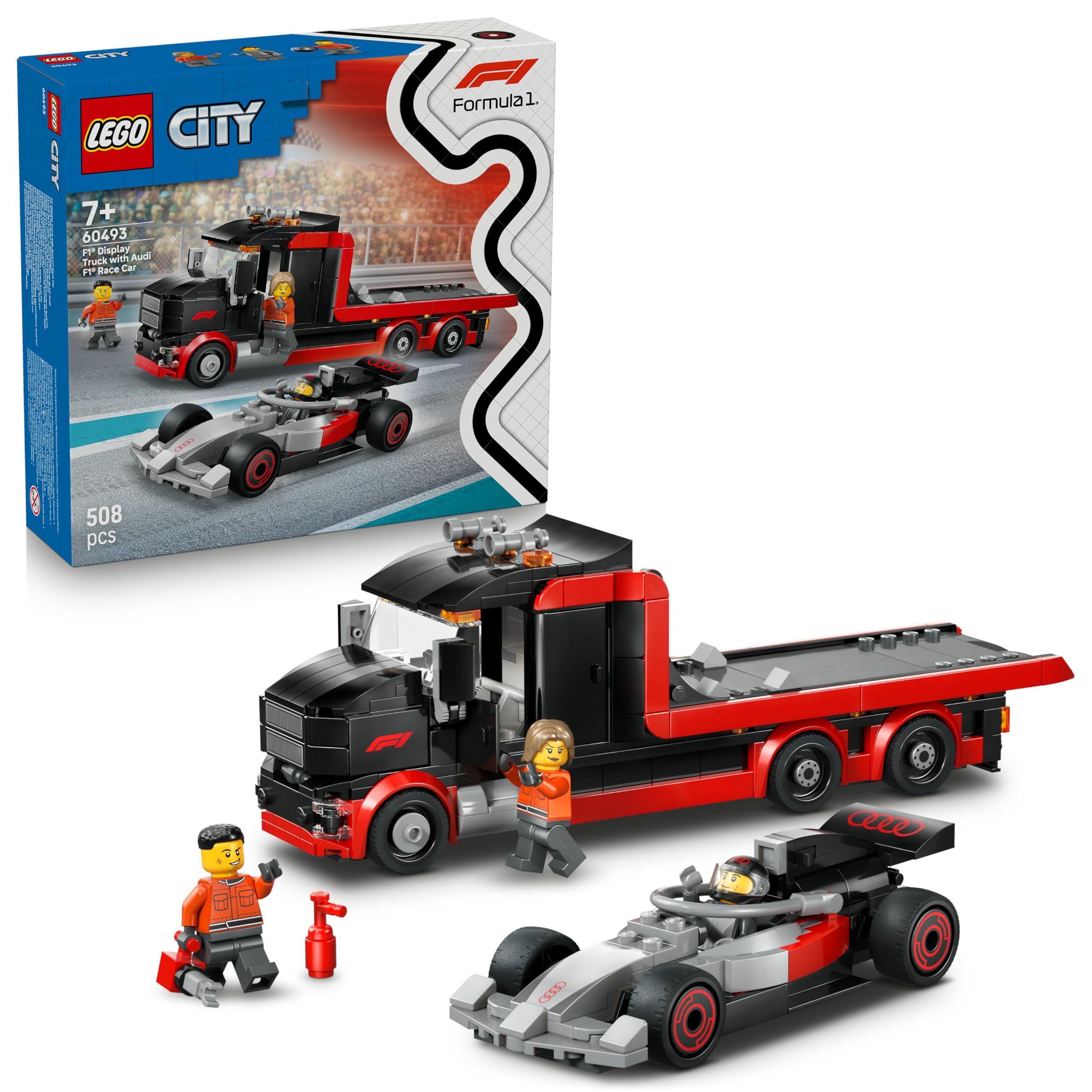 LEGO City F1 Display Truck w/Audi F1 Race Car Toy - Model Kit w/ 3 Minifigures & Vehicle Lifting Function - Gift Idea for 7+ Year Old Boys & Motorsport Fans - 60493
