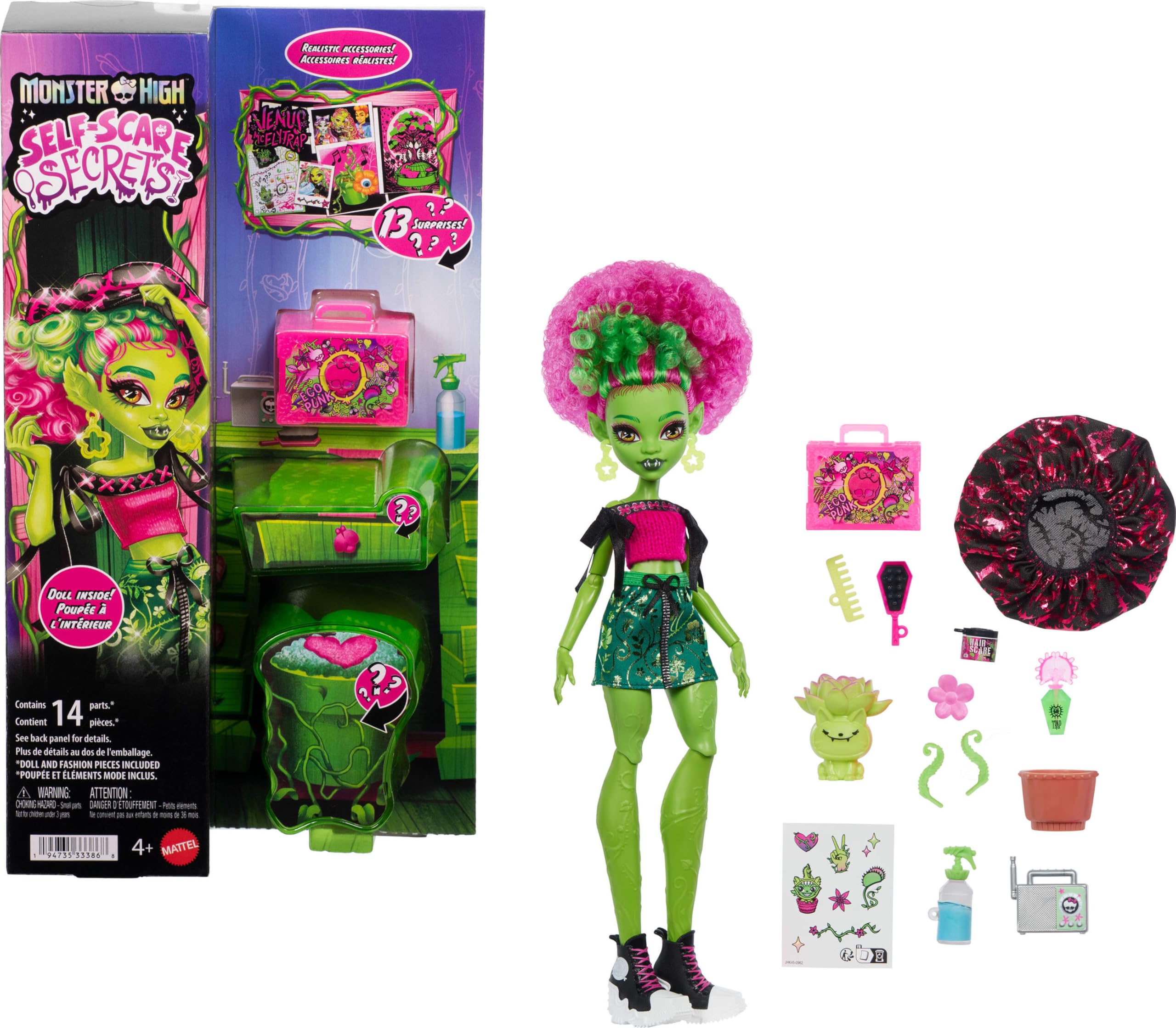 Monster High Zelfzorg Met Een Griezelig Tintje Venus McFlytrap Pop en Accessoires Set met 13 realistische verrassingen zoals haarverzorgingsproducten, muts en plant, JHK45 | 13 realistische verrassing