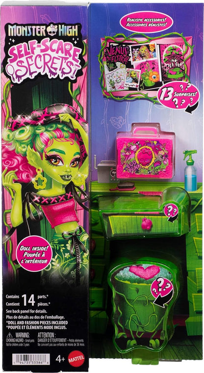 Monster High Zelfzorg Met Een Griezelig Tintje Venus McFlytrap Pop en Accessoires Set met 13 realistische verrassingen zoals haarverzorgingsproducten, muts en plant, JHK45 | 13 realistische verrassing