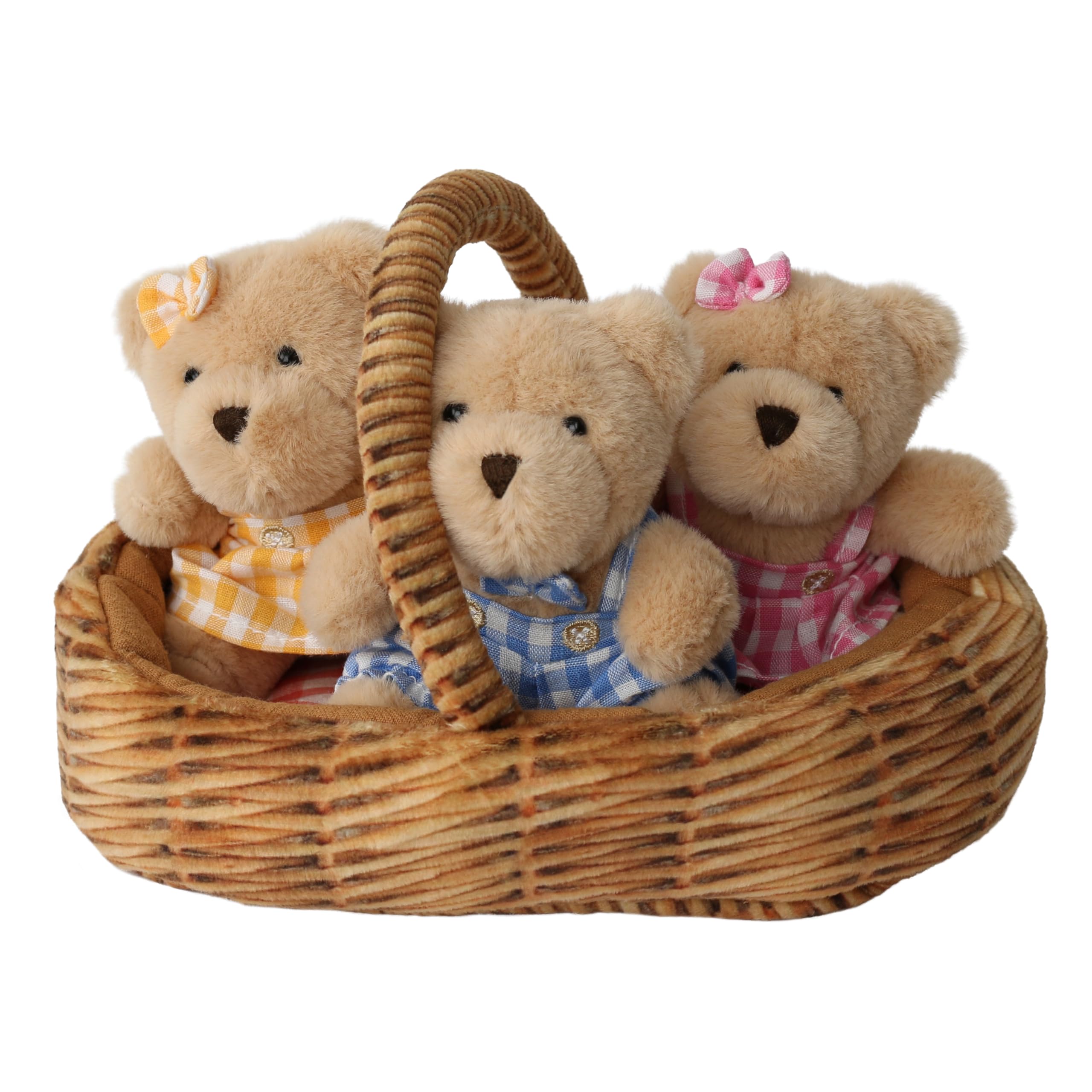 Wilberry Teddy Bears’ Picnic Set - Soft Toy Bundle with 3 Mini Teddy Bears & Picnic Basket - Plush Playtime Set for Children - Lightweight & Child-Safe - Ages 12 Months and above