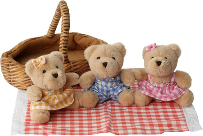 Wilberry Teddy Bears’ Picnic Set - Soft Toy Bundle with 3 Mini Teddy Bears & Picnic Basket - Plush Playtime Set for Children - Lightweight & Child-Safe - Ages 12 Months and above