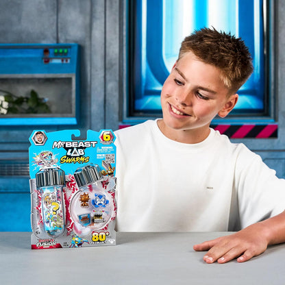 MrBeast Lab Swarms Battle Fusion Series, Collect 80+ Unique 1" (2.5 cm) Swarms, Lab Pack Includes 6 Micro Beasts, 6 Collectible Stickers & 1 Stackable Fusion Caps To Build Out Your Own MrBeast Lab