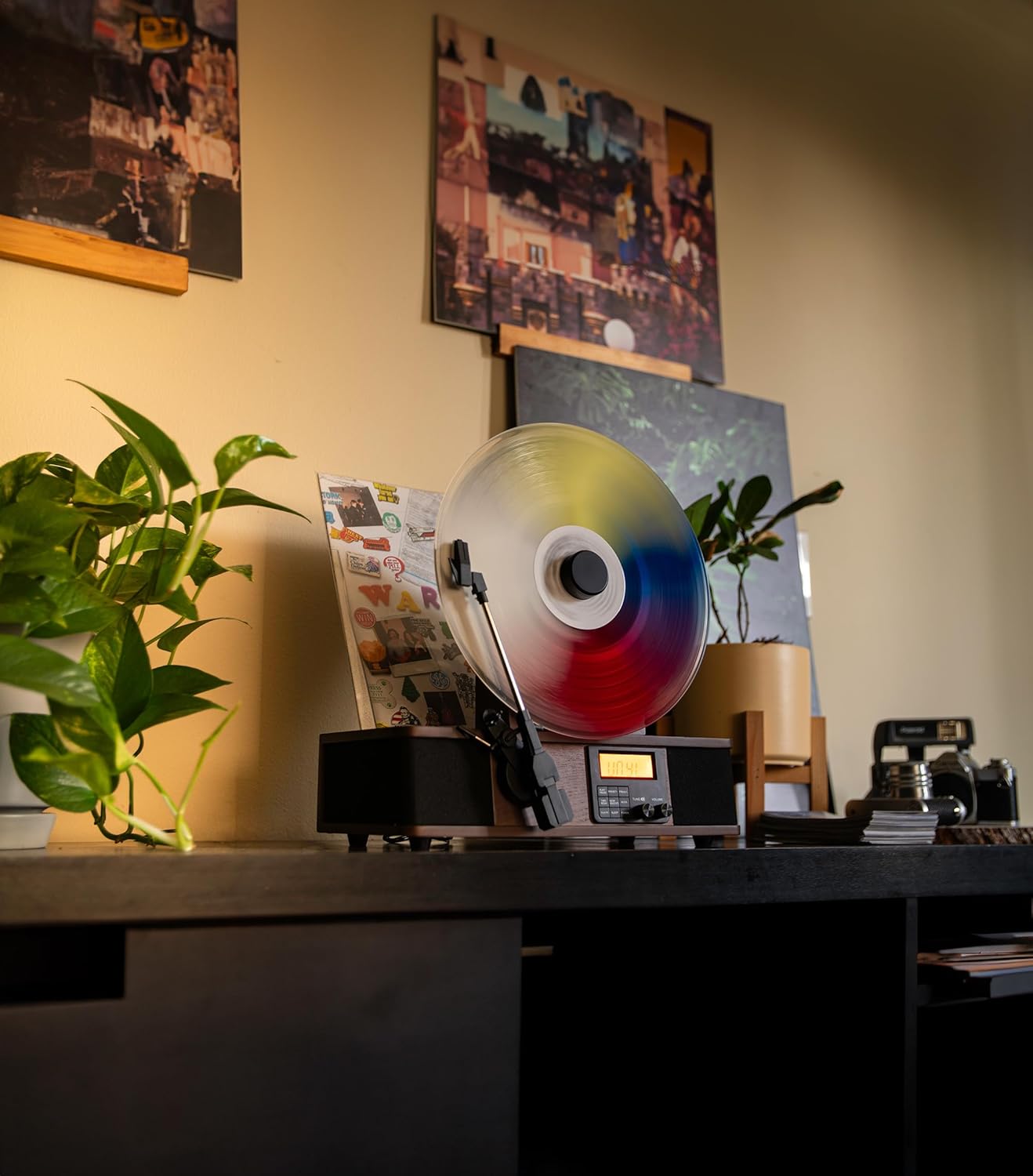 Wrap Vertical Record Player With Bluetooth In/Out. Fm Radio. And Built-In Album Cover Holder