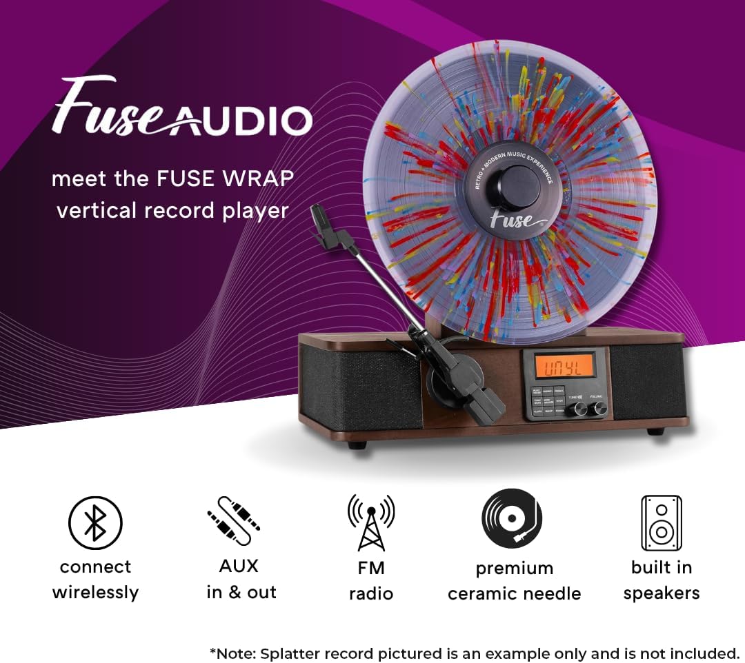Wrap Vertical Record Player With Bluetooth In/Out. Fm Radio. And Built-In Album Cover Holder