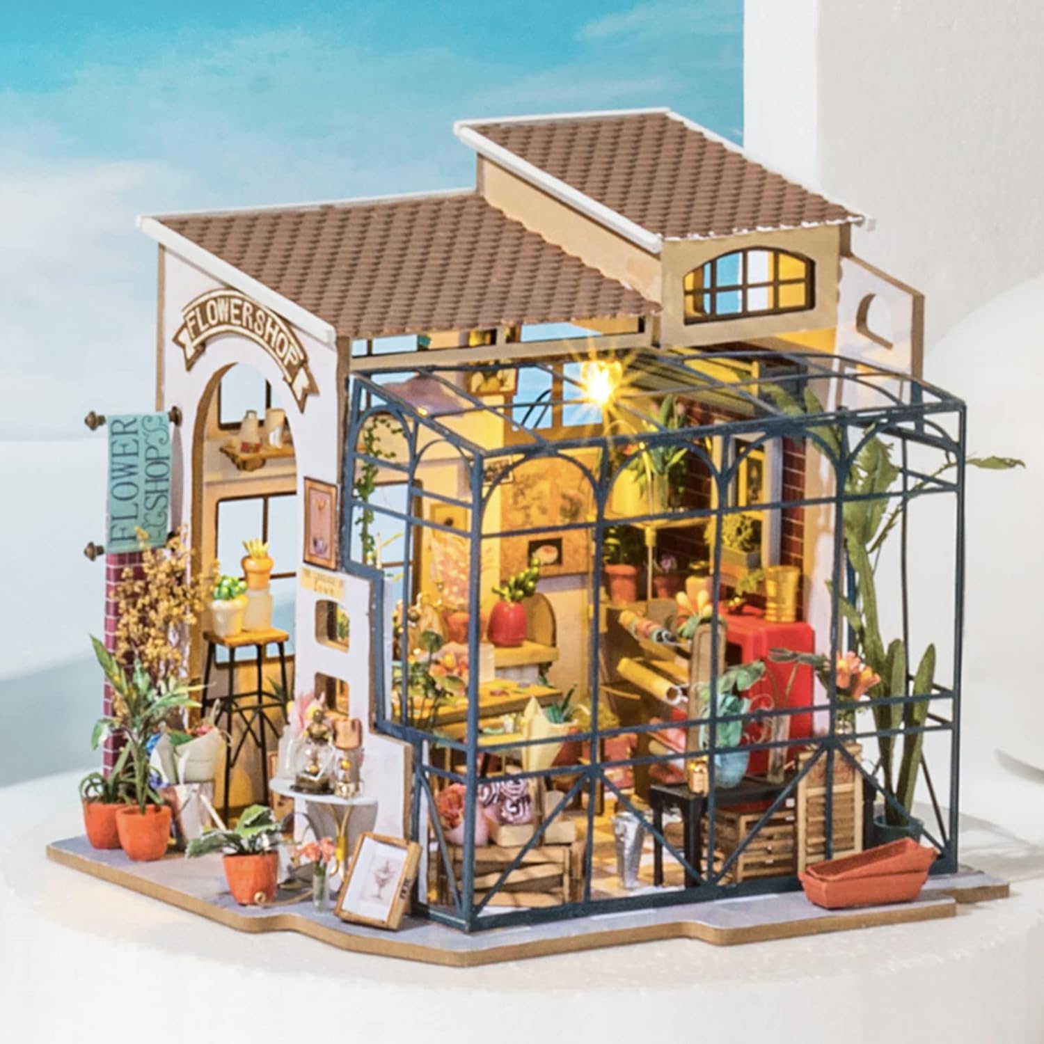 Robotime DG145 Rolife Emilys Blumenladen Miniatur-Puppenhaus aus Holz, Metall, Stoff und Kartonage, Maße: 22 x 15 x 17 cm