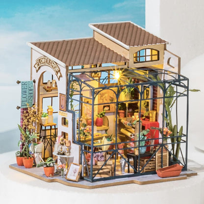 Robotime DG145 Rolife Emilys Blumenladen Miniatur-Puppenhaus aus Holz, Metall, Stoff und Kartonage, Maße: 22 x 15 x 17 cm