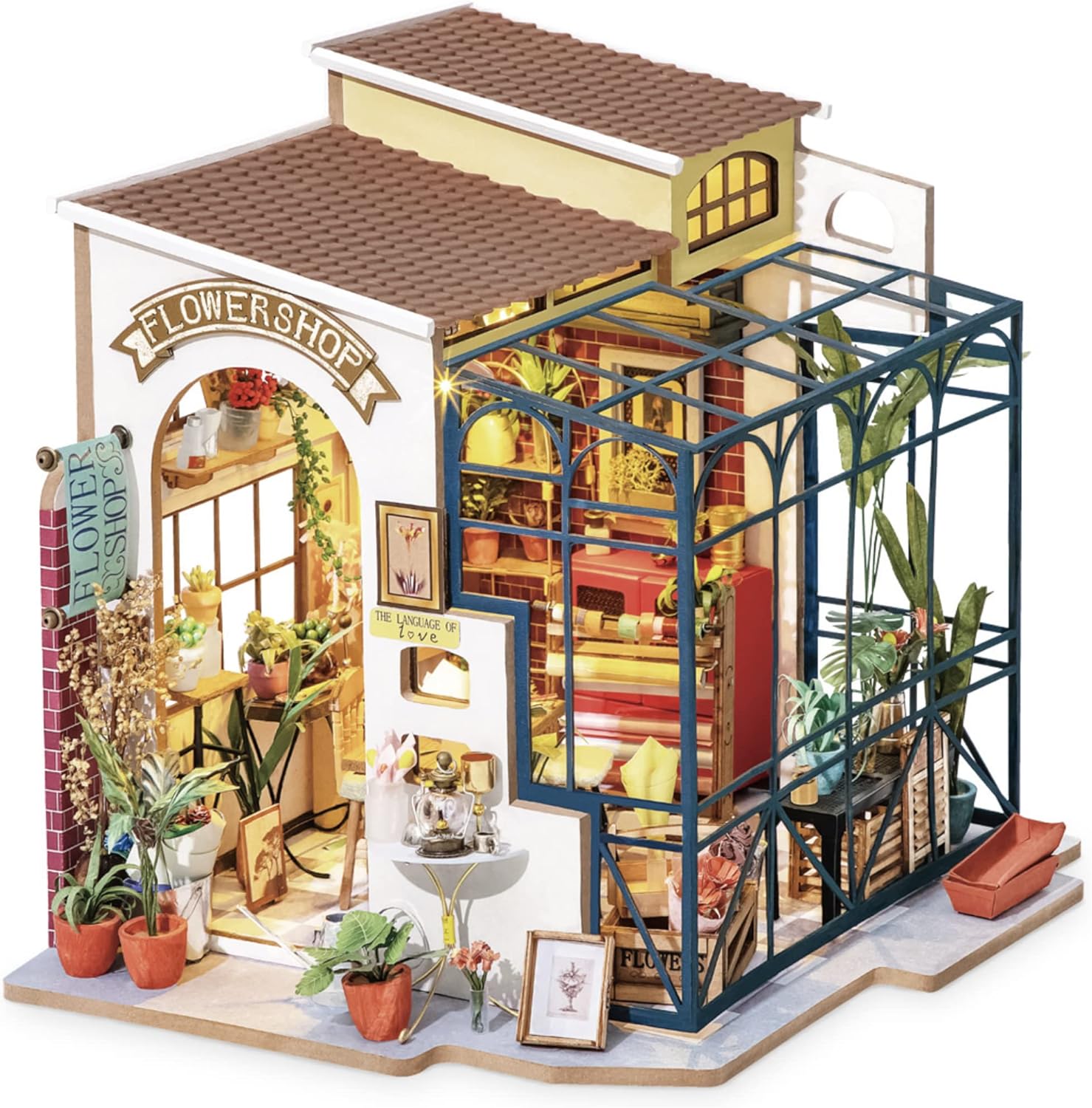 Robotime DG145 Rolife Emilys Blumenladen Miniatur-Puppenhaus aus Holz, Metall, Stoff und Kartonage, Maße: 22 x 15 x 17 cm