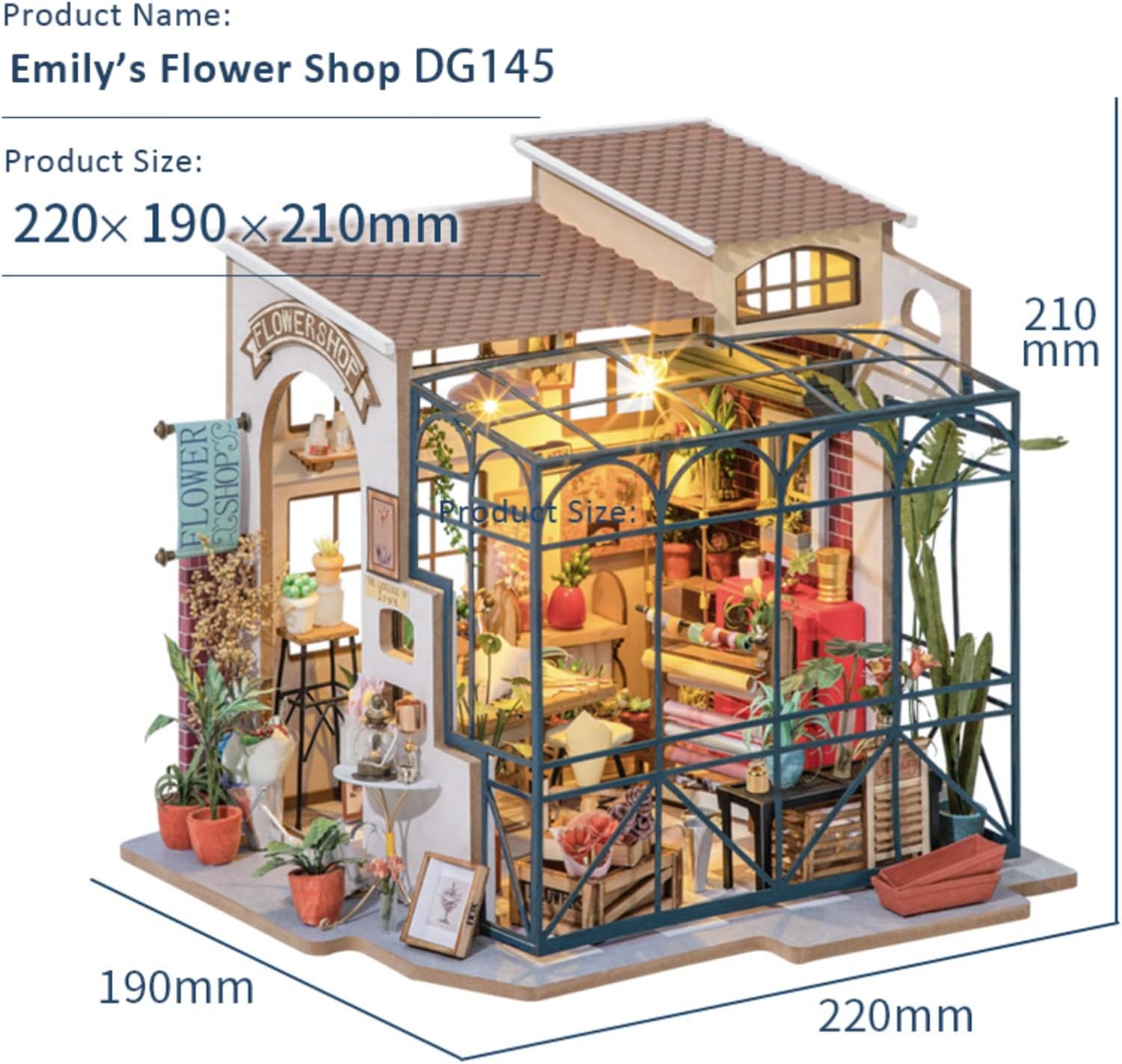 Robotime DG145 Rolife Emilys Blumenladen Miniatur-Puppenhaus aus Holz, Metall, Stoff und Kartonage, Maße: 22 x 15 x 17 cm