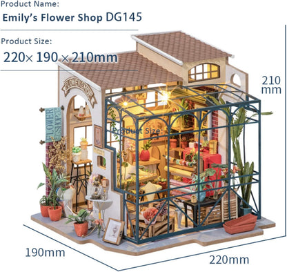 Robotime DG145 Rolife Emilys Blumenladen Miniatur-Puppenhaus aus Holz, Metall, Stoff und Kartonage, Maße: 22 x 15 x 17 cm