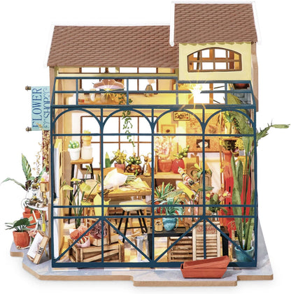Robotime DG145 Rolife Emilys Blumenladen Miniatur-Puppenhaus aus Holz, Metall, Stoff und Kartonage, Maße: 22 x 15 x 17 cm