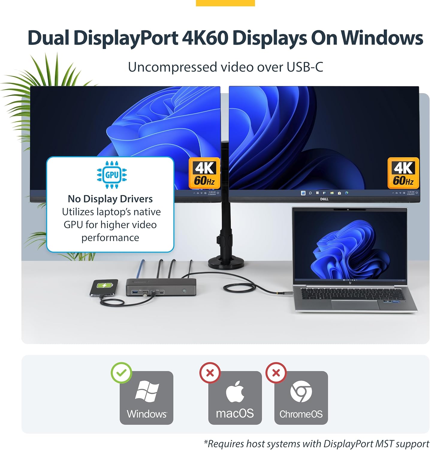 StarTech USB-C Docking Station Dual 4K 60Hz DisplayPort, 100W Power Delivery Charging, 6 USB Ports (10Gbps), Gigabit Ethernet, Driverless Windows Professional Laptop Dock (201UE-USBC-DOCK