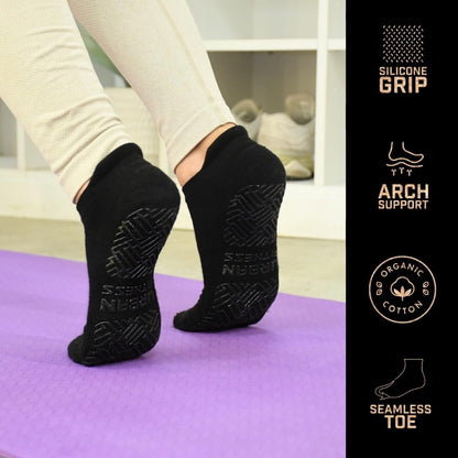 Yoga Pilates Fitness Low Rise Grip Socks, Organic Cotton Non Slip Sock with Silicone Grips, Arch Support Seamless Toe for Studio Home Workouts, Black