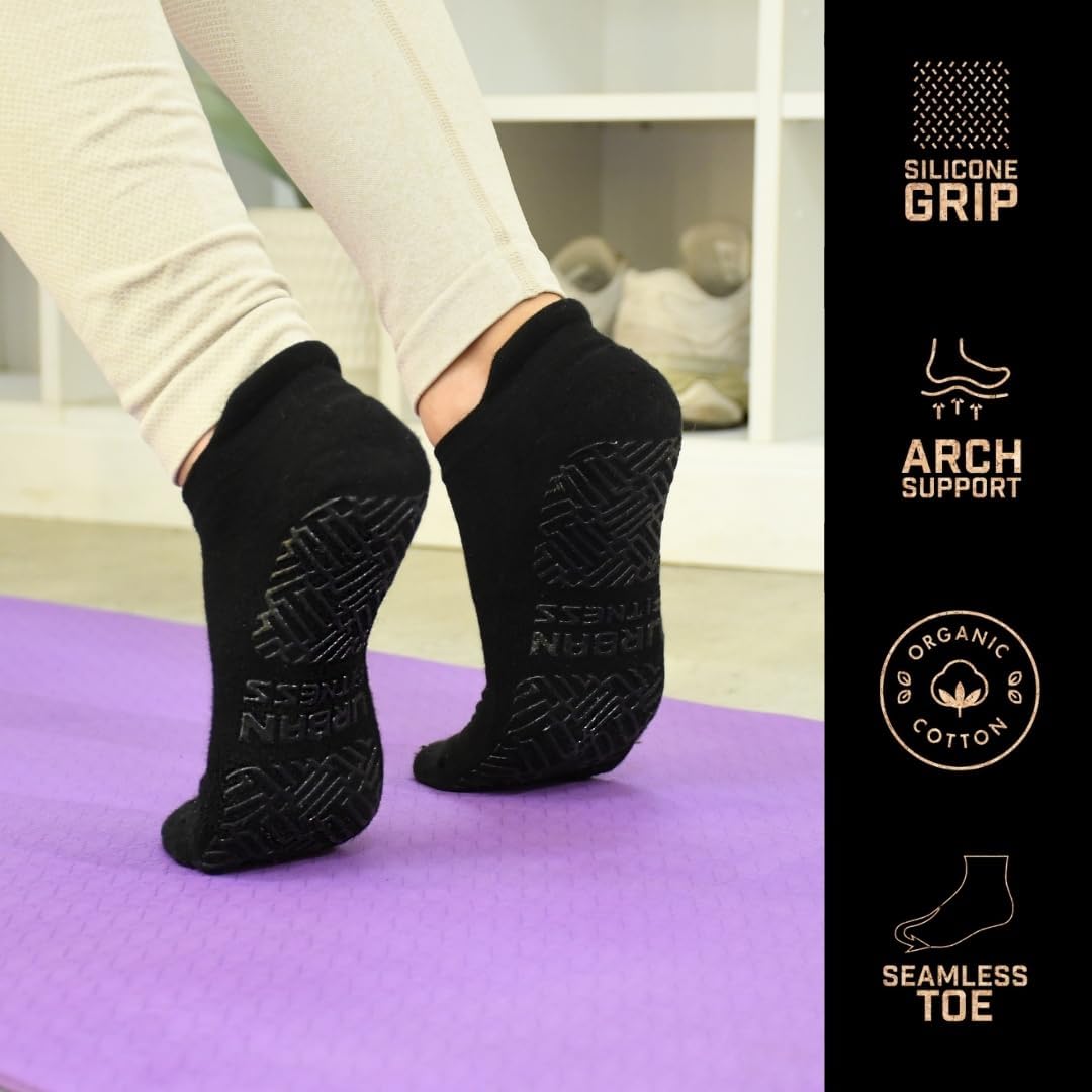 Yoga Pilates Fitness Low Rise Grip Socks, Organic Cotton Non Slip Sock with Silicone Grips, Arch Support Seamless Toe for Studio Home Workouts, Black