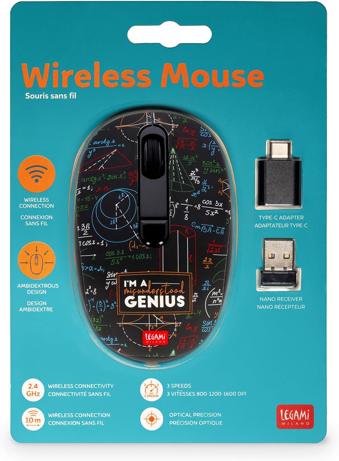 Legami - Wireless Mouse with Ultra Compact USB Receiver, Genius Theme, 3 Speed Options, ABS Material, Wireless Connection up to 10 m