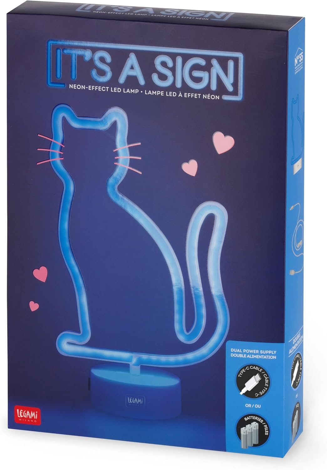 Legami - Neon Effect Led Lamp, It's a Sign, Kitty Theme, Dual Power, Type-C Cable (Included) or Batteries (not Included), Table Lamp