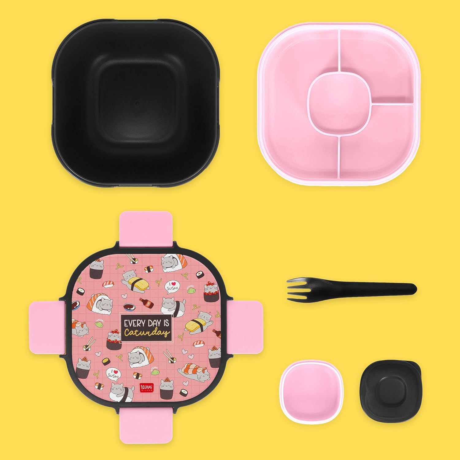 Legami - Lunch Box, Lunch Box, Sushi Cat, 1 Fork, 1 Tray with Compartments, 1 Removable Seasoning Holder Included, Capacity 1700 ml, 19 x 10.7 x 19 cm