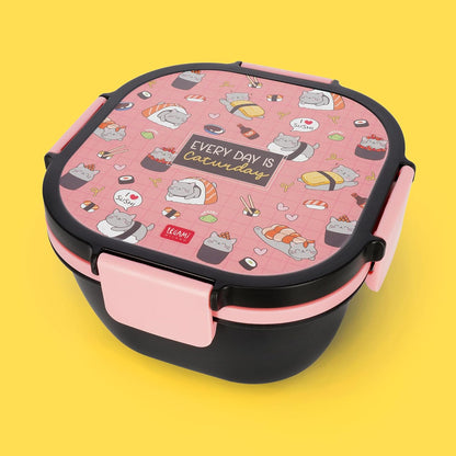 Legami - Lunch Box, Lunch Box, Sushi Cat, 1 Fork, 1 Tray with Compartments, 1 Removable Seasoning Holder Included, Capacity 1700 ml, 19 x 10.7 x 19 cm
