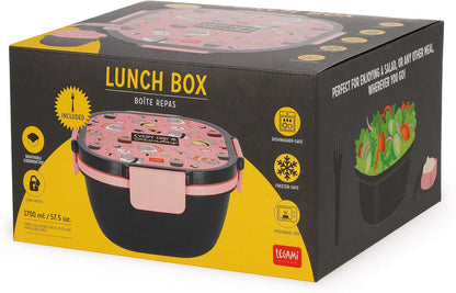 Legami - Lunch Box, Lunch Box, Sushi Cat, 1 Fork, 1 Tray with Compartments, 1 Removable Seasoning Holder Included, Capacity 1700 ml, 19 x 10.7 x 19 cm