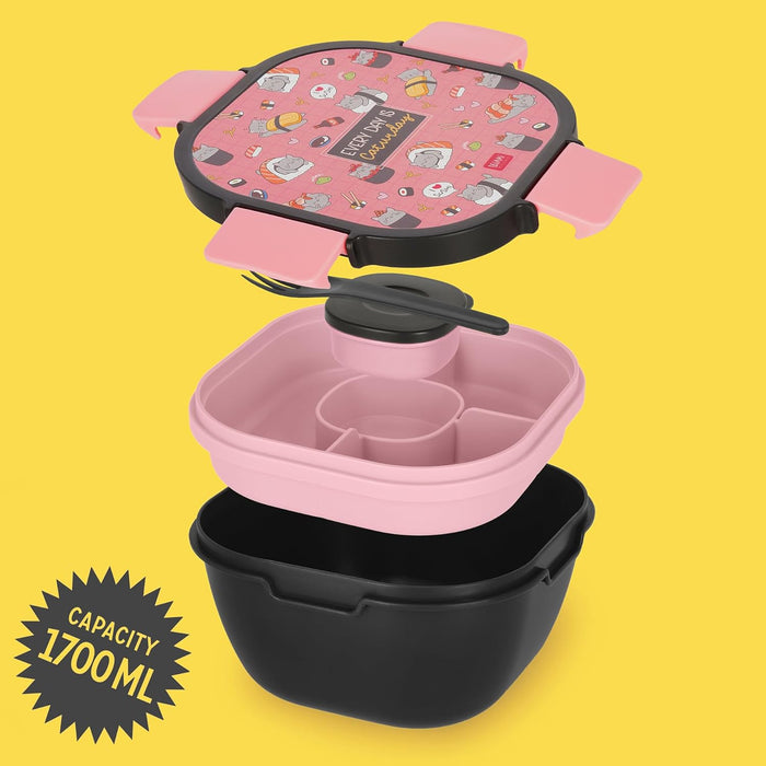Legami - Lunch Box, Lunch Box, Sushi Cat, 1 Fork, 1 Tray with Compartments, 1 Removable Seasoning Holder Included, Capacity 1700 ml, 19 x 10.7 x 19 cm