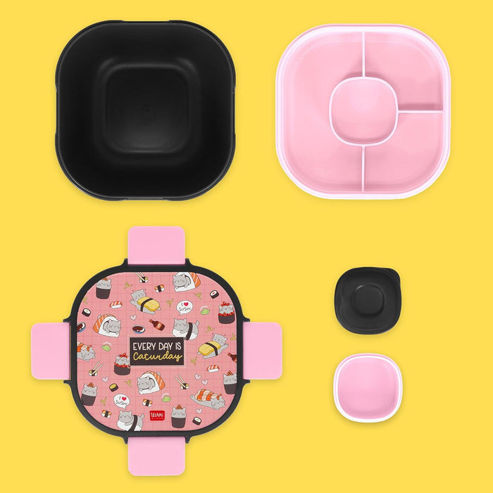 Legami - Lunch Box, Lunch Box, Sushi Cat, 1 Fork, 1 Tray with Compartments, 1 Removable Seasoning Holder Included, Capacity 1700 ml, 19 x 10.7 x 19 cm