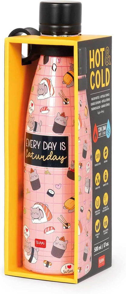 Legami - Hot & Cold Thermal Bottle, Sushi Cat, 500 ml, Airtight, 12 Hours Hot Drinks 24 Hours Cold, Removable Silicone Handle, Stainless Steel, BPA Free