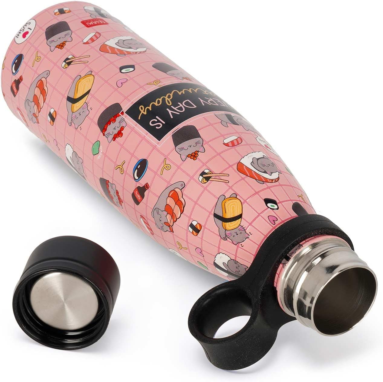 Legami - Hot & Cold Thermal Bottle, Sushi Cat, 500 ml, Airtight, 12 Hours Hot Drinks 24 Hours Cold, Removable Silicone Handle, Stainless Steel, BPA Free