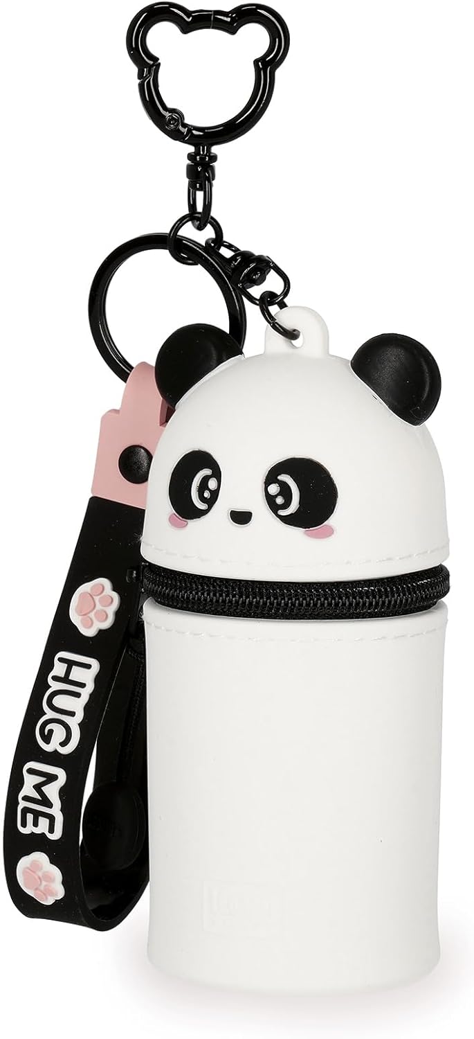 Legami - Mini Kawaii Panda Keyring Coin Purse with Spiral Ring, Carabiner and Wrist Strap, Silicone, 5 x 12 x 5 cm