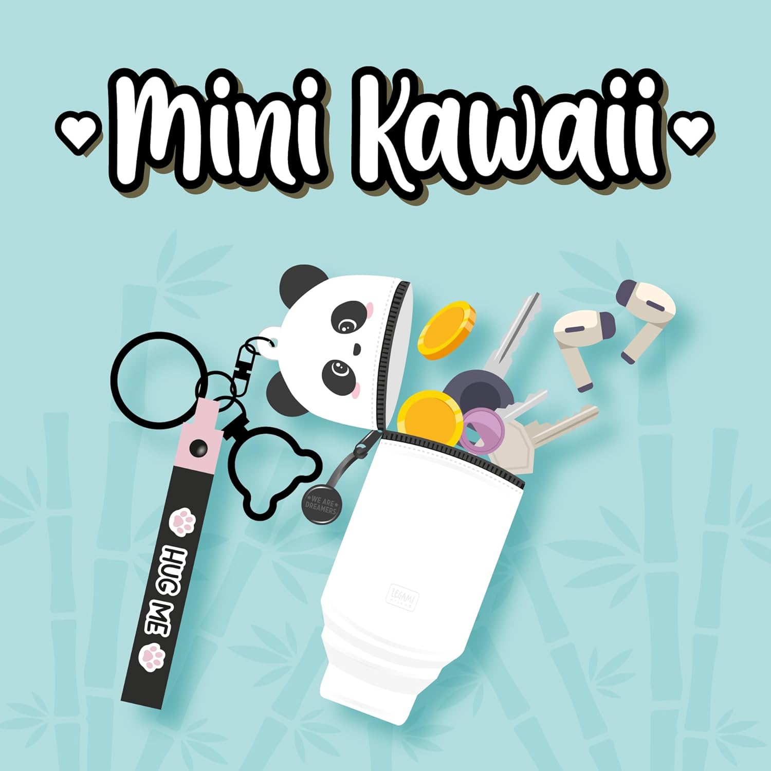 Legami - Mini Kawaii Panda Keyring Coin Purse with Spiral Ring, Carabiner and Wrist Strap, Silicone, 5 x 12 x 5 cm