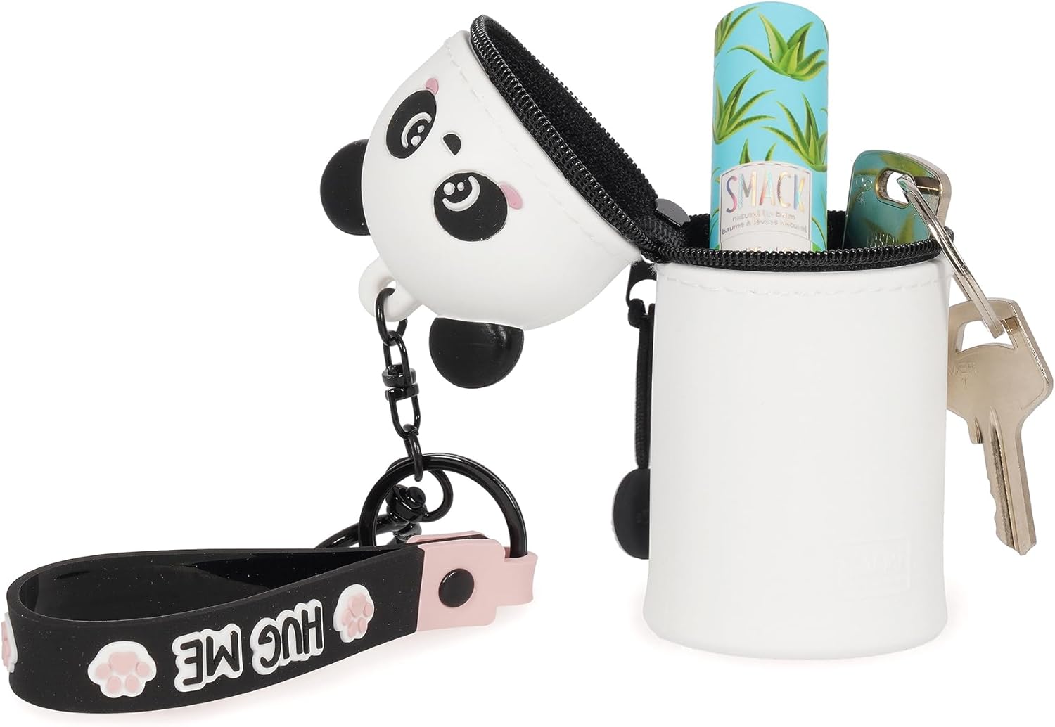 Legami - Mini Kawaii Panda Keyring Coin Purse with Spiral Ring, Carabiner and Wrist Strap, Silicone, 5 x 12 x 5 cm