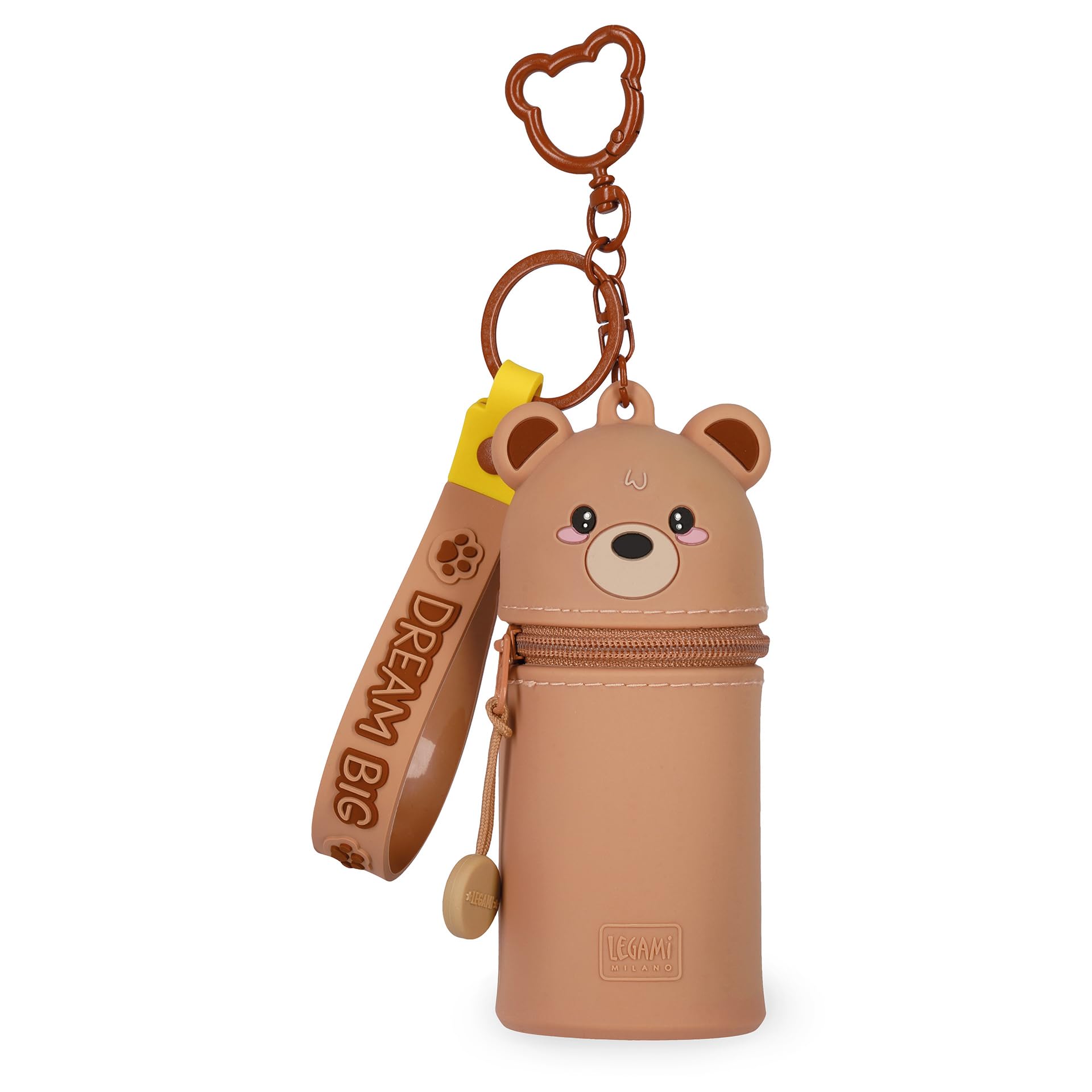 Legami - Kawaii Mini Kawaii Teddy Bear Keyring Coin Purse with Spiral Ring, Carabiner and Wrist Strap, Silicone, 5 x 12 x 5 cm