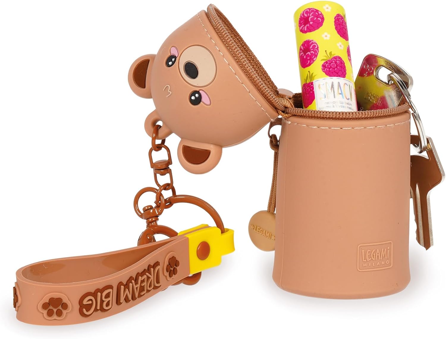 Legami - Kawaii Mini Kawaii Teddy Bear Keyring Coin Purse with Spiral Ring, Carabiner and Wrist Strap, Silicone, 5 x 12 x 5 cm