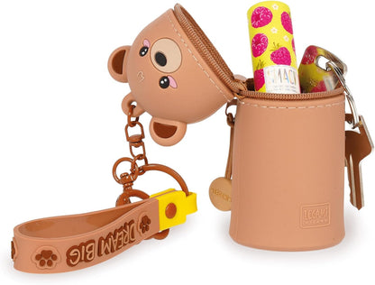 Legami - Kawaii Mini Kawaii Teddy Bear Keyring Coin Purse with Spiral Ring, Carabiner and Wrist Strap, Silicone, 5 x 12 x 5 cm