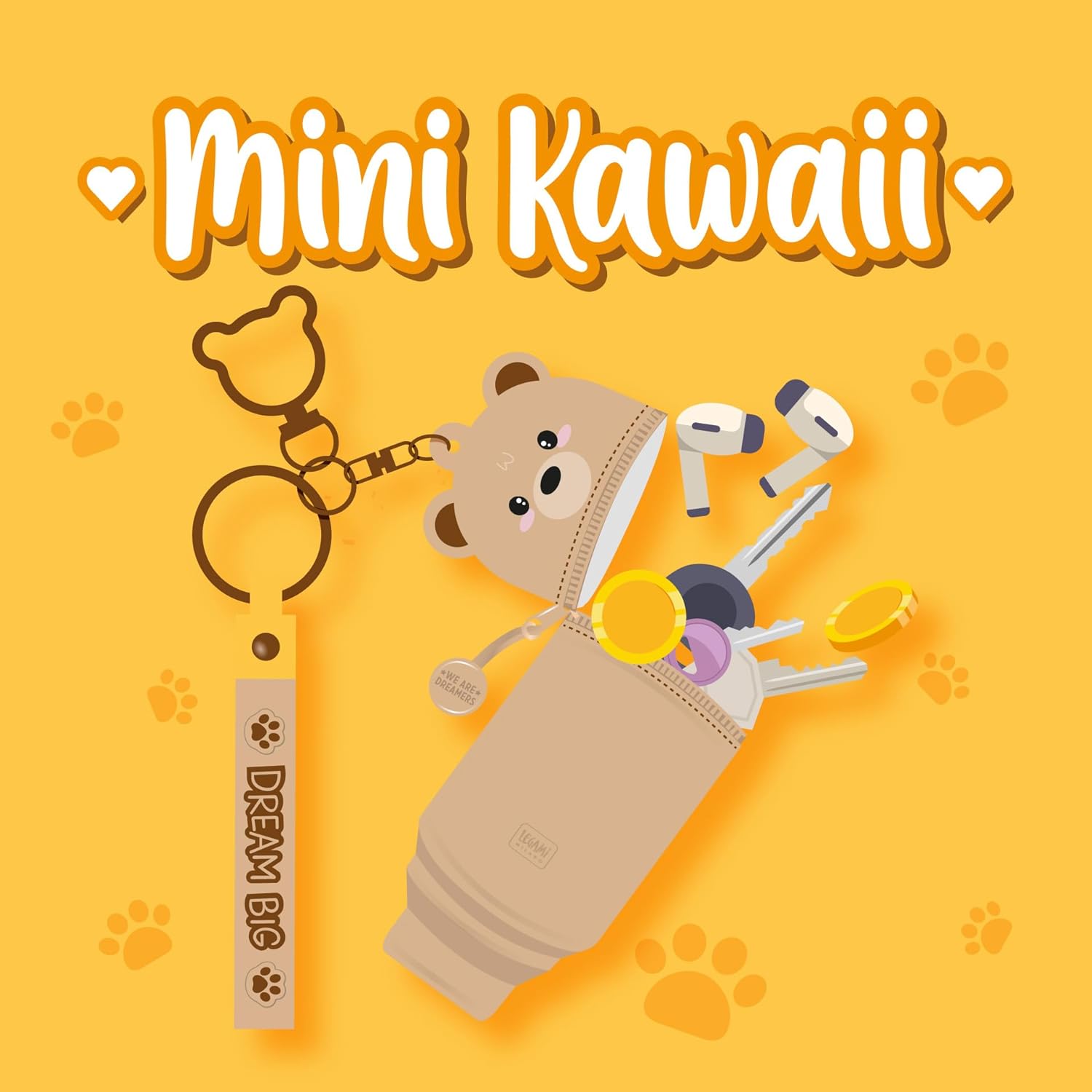 Legami - Kawaii Mini Kawaii Teddy Bear Keyring Coin Purse with Spiral Ring, Carabiner and Wrist Strap, Silicone, 5 x 12 x 5 cm