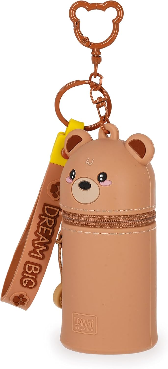 Legami - Kawaii Mini Kawaii Teddy Bear Keyring Coin Purse with Spiral Ring, Carabiner and Wrist Strap, Silicone, 5 x 12 x 5 cm