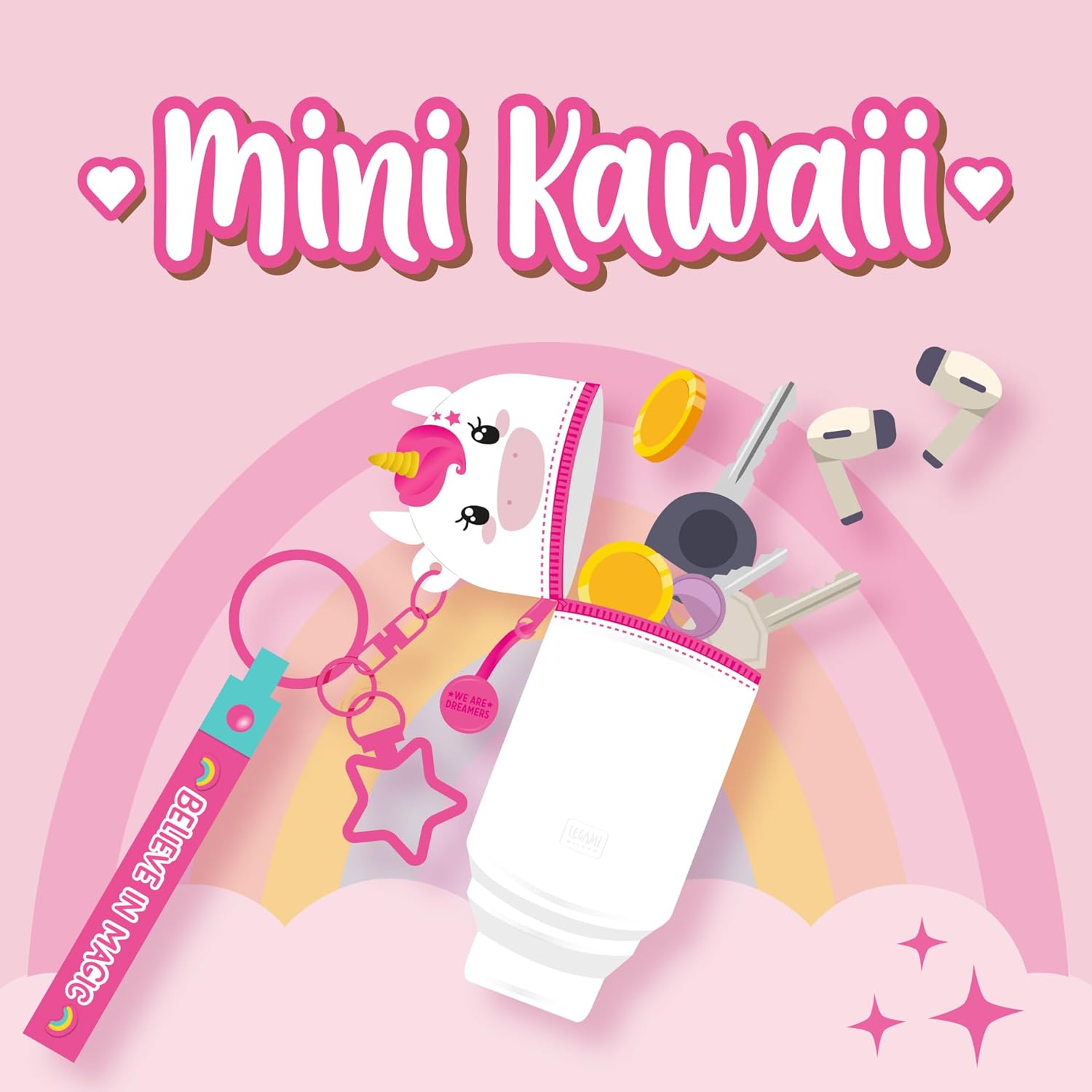 Legami - Mini Kawaii Unicorn Keyring Coin Purse with Spiral Ring, Carabiner and Wrist Strap, Silicone, 5 x 12 x 5 cm