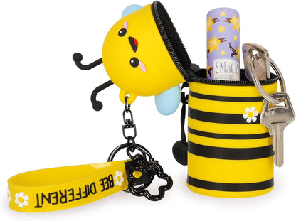 Legami - Mini Kawaii Bee Theme Coin Purse with Spiral Ring, Carabiner and Wrist Strap, Silicone, 5 x 12 x 5 cm