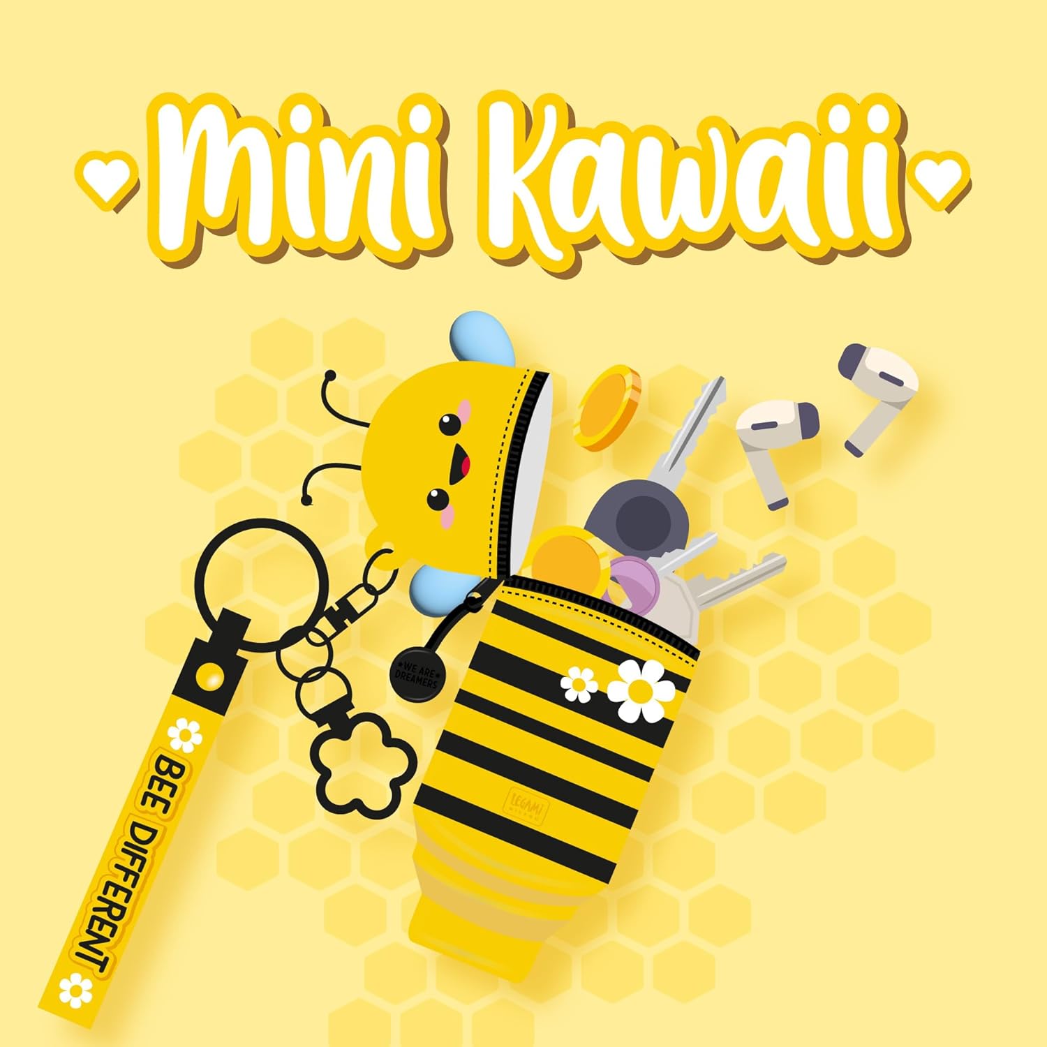 Legami - Mini Kawaii Bee Theme Coin Purse with Spiral Ring, Carabiner and Wrist Strap, Silicone, 5 x 12 x 5 cm