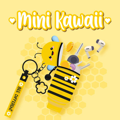 Legami - Mini Kawaii Bee Theme Coin Purse with Spiral Ring, Carabiner and Wrist Strap, Silicone, 5 x 12 x 5 cm