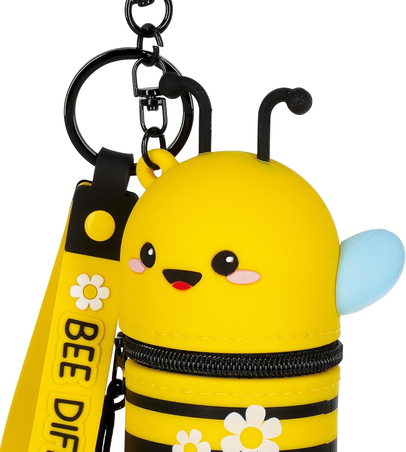 Legami - Mini Kawaii Bee Theme Coin Purse with Spiral Ring, Carabiner and Wrist Strap, Silicone, 5 x 12 x 5 cm