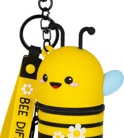 Legami - Mini Kawaii Bee Theme Coin Purse with Spiral Ring, Carabiner and Wrist Strap, Silicone, 5 x 12 x 5 cm