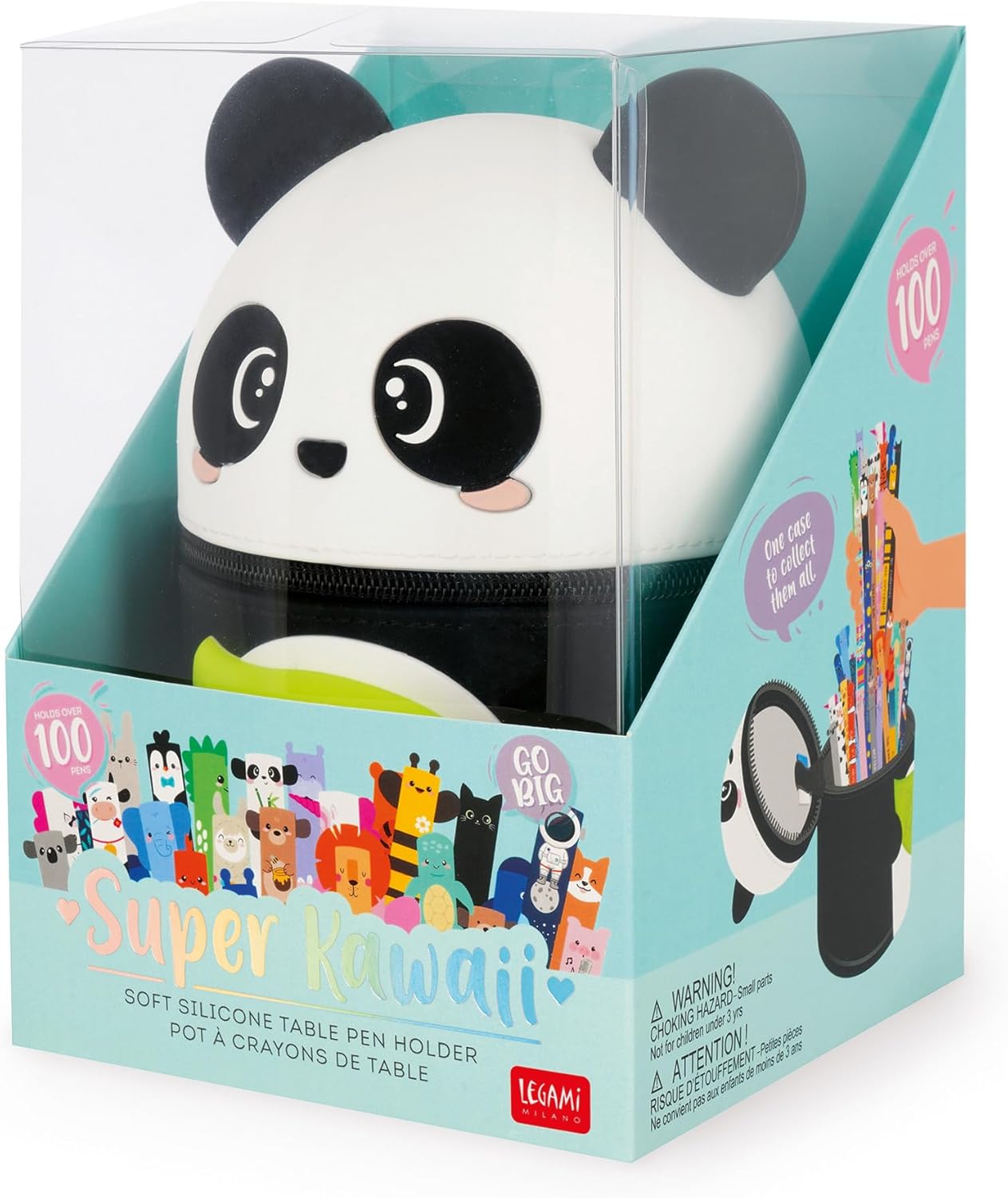 Legami - Super Kawaii Panda Pencil Case, Capacity, Holds up to 100 Erasable Pens, Soft Silicone, 13 x 19 x 13 cm