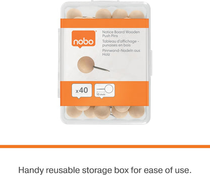 Nobo Wooden Push Pins for Notice Boards - Pack of 40, Reusable Storage Box, Ideal for Notes, Displays, and Reminders, 1915709