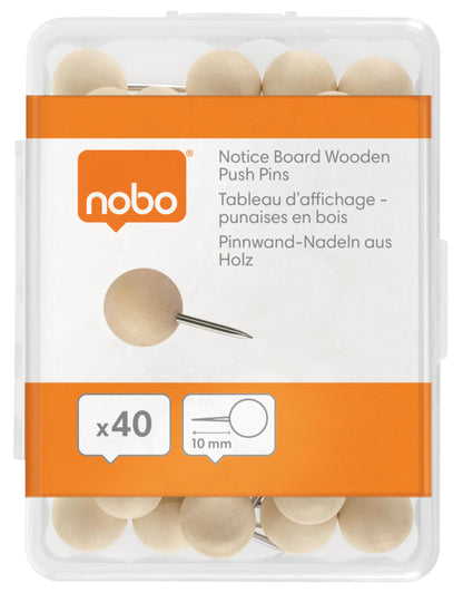 Nobo Wooden Push Pins for Notice Boards - Pack of 40, Reusable Storage Box, Ideal for Notes, Displays, and Reminders, 1915709