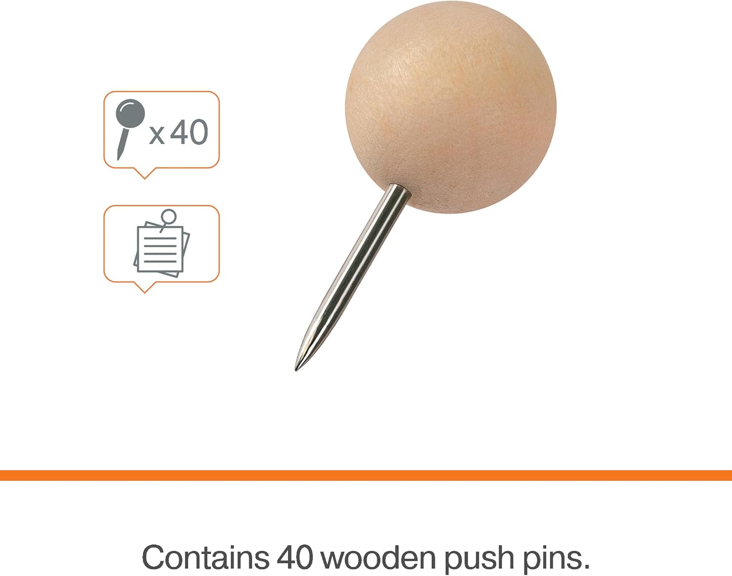Nobo Wooden Push Pins for Notice Boards - Pack of 40, Reusable Storage Box, Ideal for Notes, Displays, and Reminders, 1915709